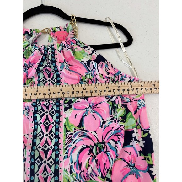 Lilly Pulitzer Bowen Top High Tide Navy XS Gold Chain Halter Pink Tropical Flora - Picture 4 of 9